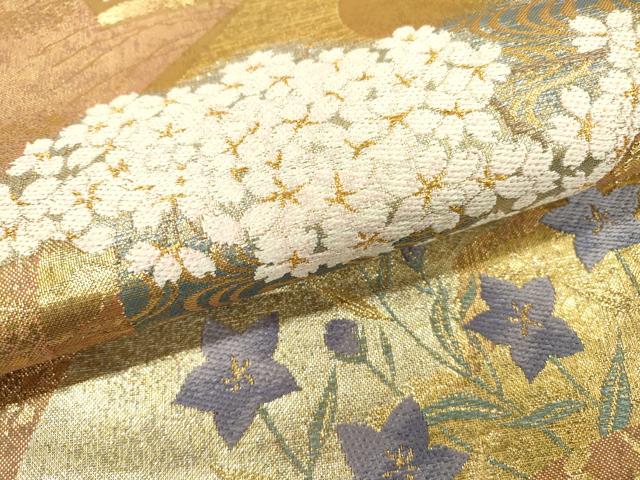 平和屋着物▼京の名門 じゅらく謹製 佐賀錦 六通柄袋帯 花鳥扇面図 金糸 正絹 逸品 DABB1693fe