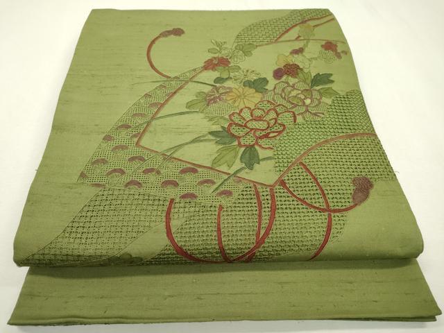 平和屋着物●中国三大刺繍 スワトウ刺繍 汕頭刺繍 相良刺繍 蘇州刺繍 総刺繍 太鼓柄袋帯 紬地 地紙花文 正絹 逸品 DABB1846fe