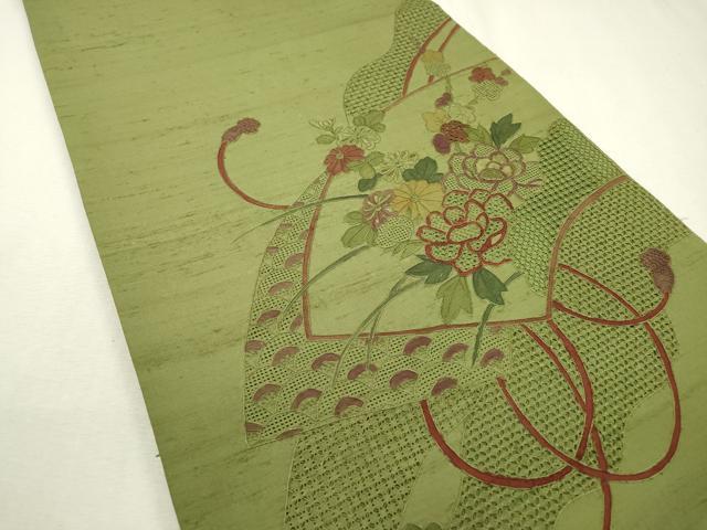 平和屋着物●中国三大刺繍 スワトウ刺繍 汕頭刺繍 相良刺繍 蘇州刺繍 総刺繍 太鼓柄袋帯 紬地 地紙花文 正絹 逸品 DABB1846fe