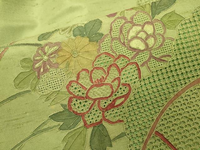 平和屋着物●中国三大刺繍 スワトウ刺繍 汕頭刺繍 相良刺繍 蘇州刺繍 総刺繍 太鼓柄袋帯 紬地 地紙花文 正絹 逸品 DABB1846fe