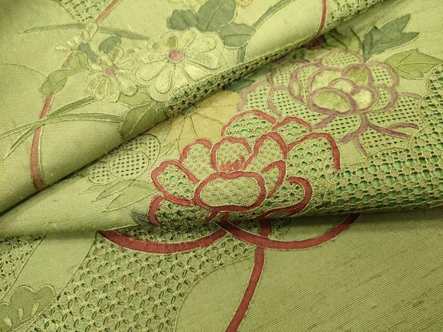平和屋着物●中国三大刺繍 スワトウ刺繍 汕頭刺繍 相良刺繍 蘇州刺繍 総刺繍 太鼓柄袋帯 紬地 地紙花文 正絹 逸品 DABB1846fe