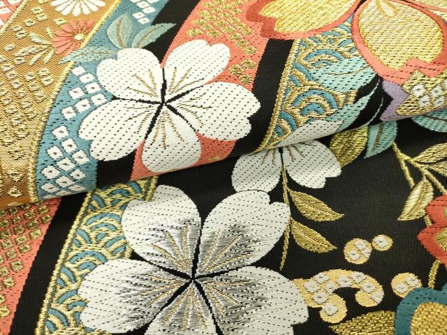 平和屋着物●六通柄袋帯 唐織 枝垂れ桜 黒地 金銀糸 正絹 逸品 DABB1861fe