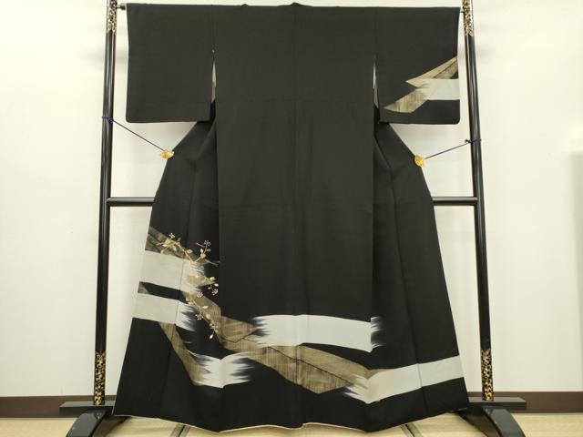 平和屋着物▼訪問着 竹屋町刺繍 吹き寄せ枝花文 暈し染 黒地 金銀糸 正絹 逸品 DABB1916fe