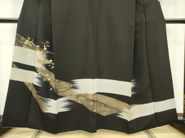 平和屋着物▼訪問着 竹屋町刺繍 吹き寄せ枝花文 暈し染 黒地 金銀糸 正絹 逸品 DABB1916fe