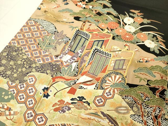 平和屋着物■豪華黒留袖 駒刺繍 御所車花文 金彩 正絹 逸品 DABB2181cd