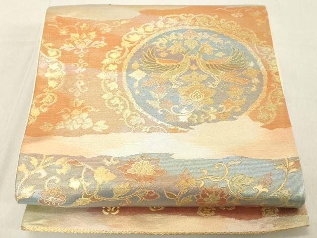 平和屋着物◎六通柄袋帯 双蝶花丸文 金糸 正絹 逸品 DABB2327cd