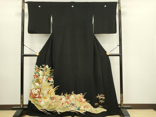 平和屋着物■豪華黒留袖 刺繍 尾長鳥花文 金銀彩 正絹 逸品 DABB2860qp