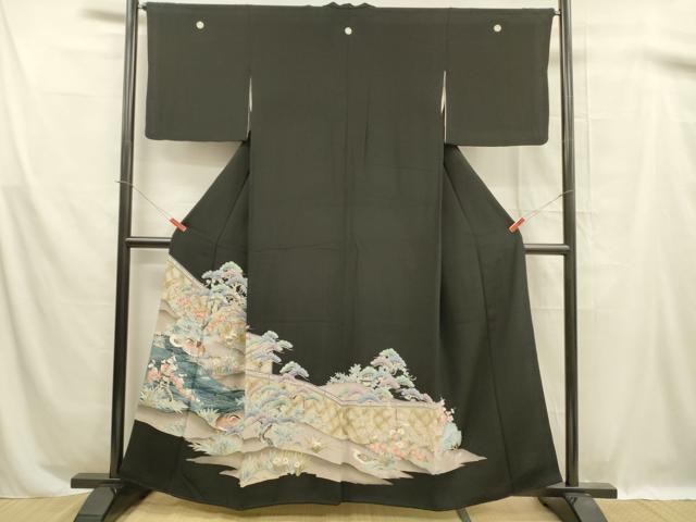 平和屋着物■豪華黒留袖 駒刺繍 流水鴛鴦草花文 金彩 正絹 逸品 DABB3059cm