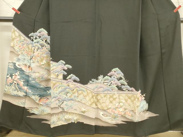 平和屋着物■豪華黒留袖 駒刺繍 流水鴛鴦草花文 金彩 正絹 逸品 DABB3059cm