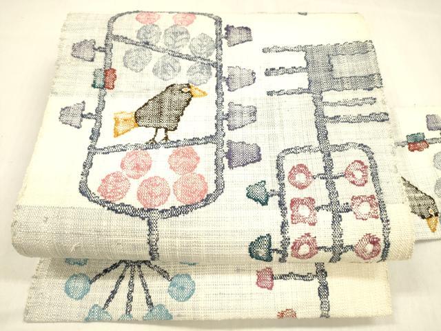 平和屋着物●八寸名古屋帯 紬地 抽象鳥文 正絹 逸品 DABB3139cm