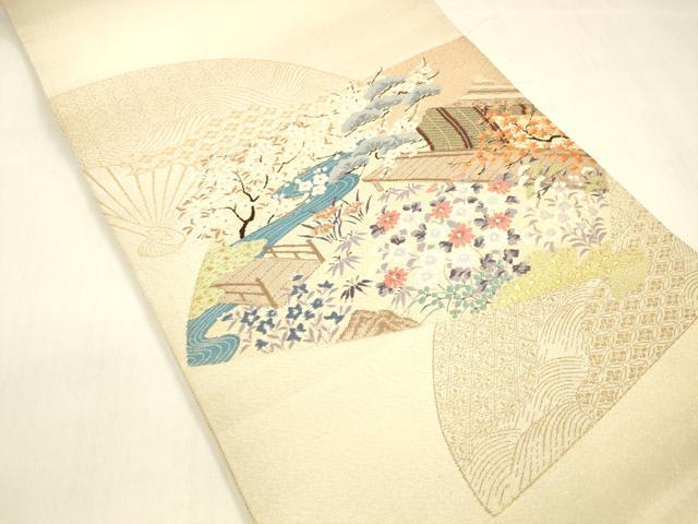 平和屋着物●綴れ 太鼓柄袋帯 扇面風景文 金糸 正絹 逸品 DABB3177cm