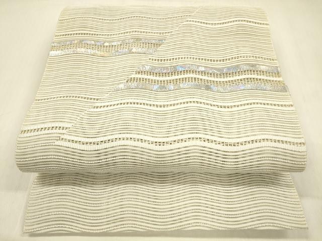 平和屋着物*夏物 絽綴れ 八寸名古屋帯 よろけ縞 銀糸 正絹 逸品 DABB3242cm