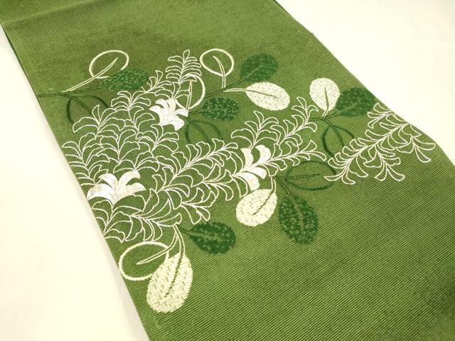 平和屋着物*夏物 六通柄袋帯 駒刺繍 草葉文 正絹 逸品 DABB3278cm