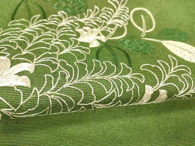 平和屋着物*夏物 六通柄袋帯 駒刺繍 草葉文 正絹 逸品 DABB3278cm