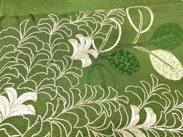 平和屋着物*夏物 六通柄袋帯 駒刺繍 草葉文 正絹 逸品 DABB3278cm