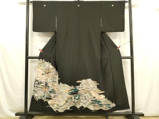 平和屋着物■豪華黒留袖 駒刺繍 風景文 松竹梅 金彩 正絹 逸品 DABB3354cm