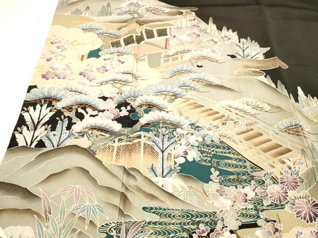 平和屋着物■豪華黒留袖 駒刺繍 風景文 松竹梅 金彩 正絹 逸品 DABB3354cm