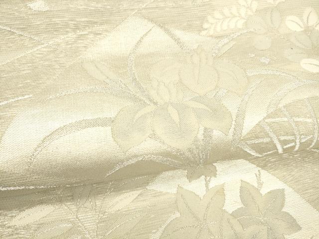 平和屋着物*夏物 六通柄袋帯 扇面草花文 銀糸 正絹 逸品 DABB3573cm