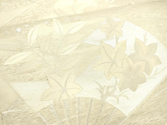 平和屋着物*夏物 六通柄袋帯 扇面草花文 銀糸 正絹 逸品 DABB3573cm