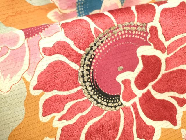 平和屋着物*夏物 アンティーク 大正ロマン 九寸名古屋帯 絽縮緬 刺繍 草花文 正絹 逸品 DABB3575cm