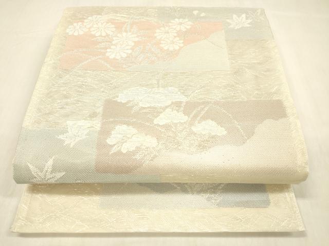 平和屋着物*夏物 六通柄袋帯 草花文 銀糸 正絹 逸品 DABB3621cm