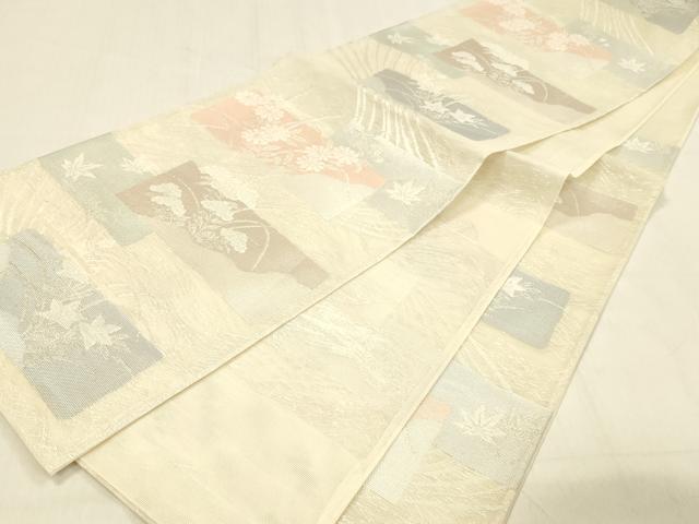 平和屋着物*夏物 六通柄袋帯 草花文 銀糸 正絹 逸品 DABB3621cm