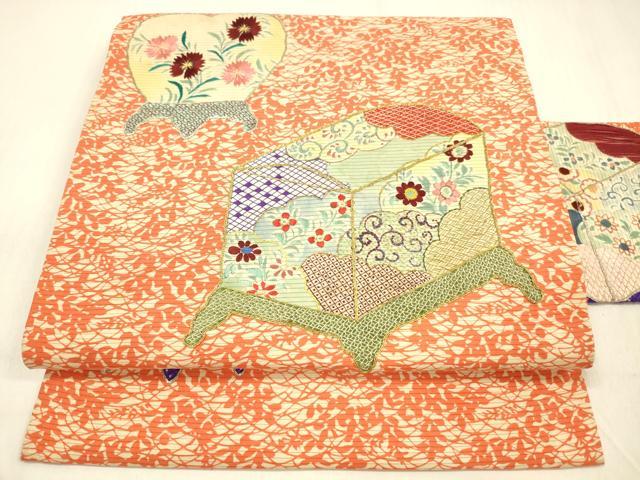 平和屋着物*夏物 アンティーク 大正ロマン 中国三大刺繍 相良刺繍 九寸名古屋帯 手描き 駒刺繍 器物花文 金銀糸 正絹 逸品 DABB3630cm