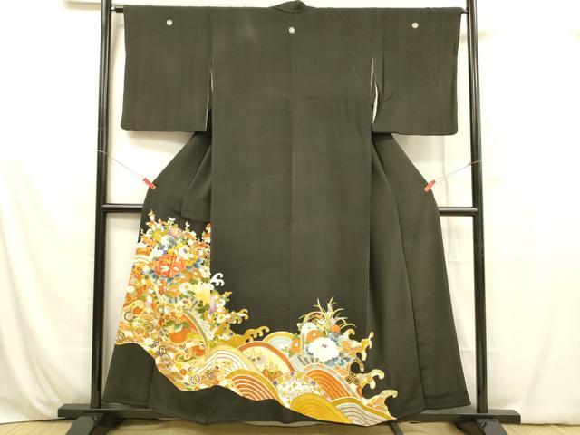 平和屋着物■豪華黒留袖 駒刺繍 流水草花文 松竹梅 金彩 正絹 逸品 DABB3662cm