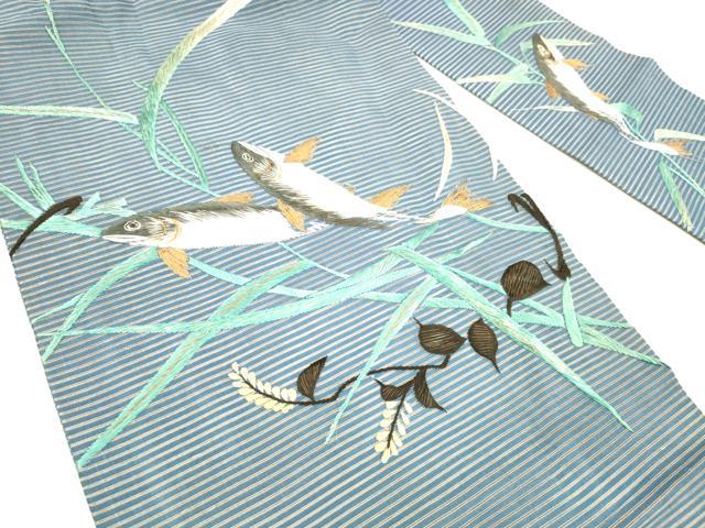 平和屋着物*夏物 アンティーク 大正ロマン 九寸名古屋帯 絽 総刺繍 手刺繍 魚草葉文 金糸 正絹 逸品 DABB3803cm