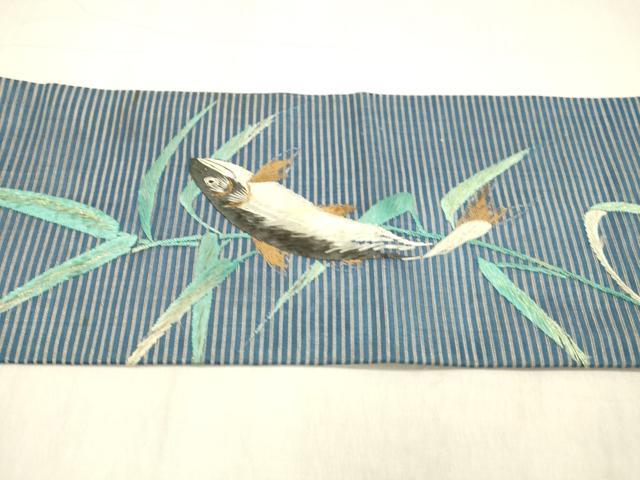 平和屋着物*夏物 アンティーク 大正ロマン 九寸名古屋帯 絽 総刺繍 手刺繍 魚草葉文 金糸 正絹 逸品 DABB3803cm