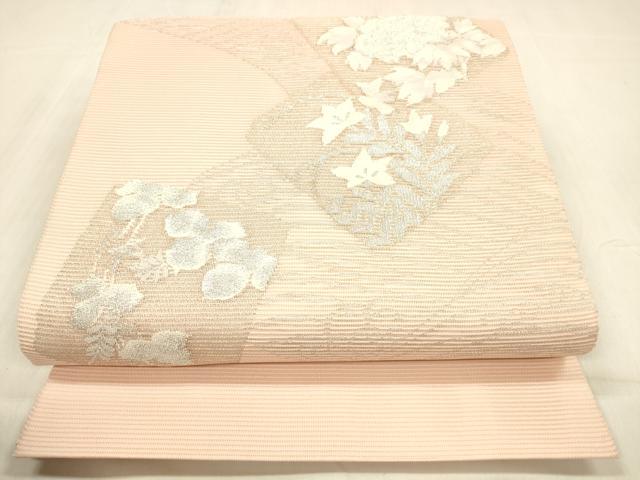 平和屋着物*夏物 太鼓柄袋帯 草花文 銀糸 正絹 逸品 DABB3815cm