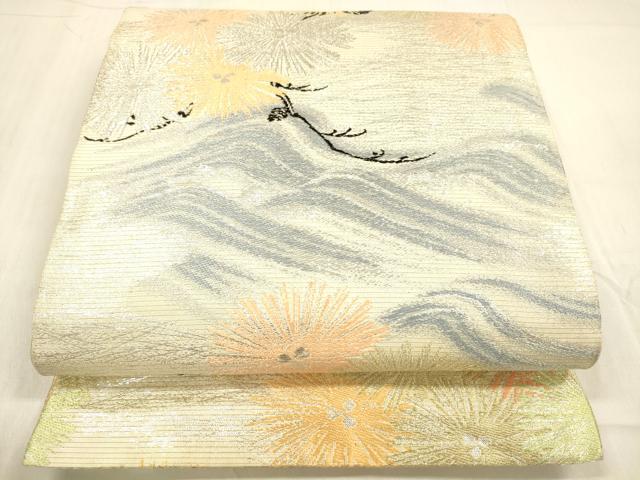 平和屋着物*夏物 アンティーク 大正ロマン 丸帯 唐織 流水松葉文 銀糸 正絹 逸品 DABB3817cm
