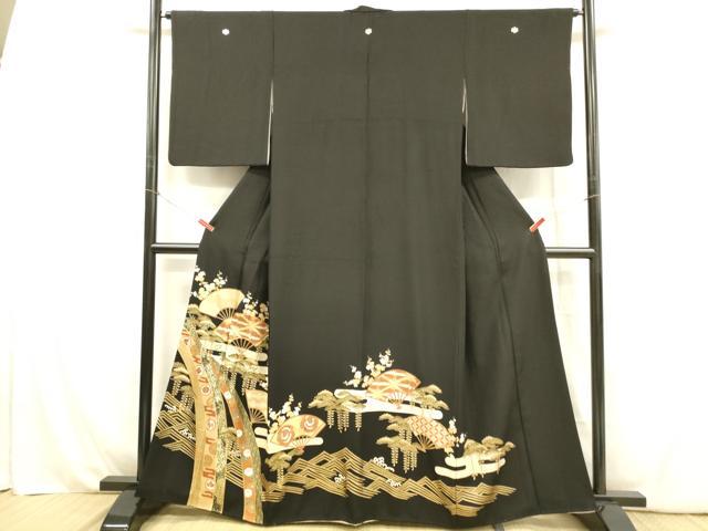 平和屋着物■豪華黒留袖 駒刺繍 舞扇飛鶴梅松文 金彩 正絹 逸品 DABB3872cm
