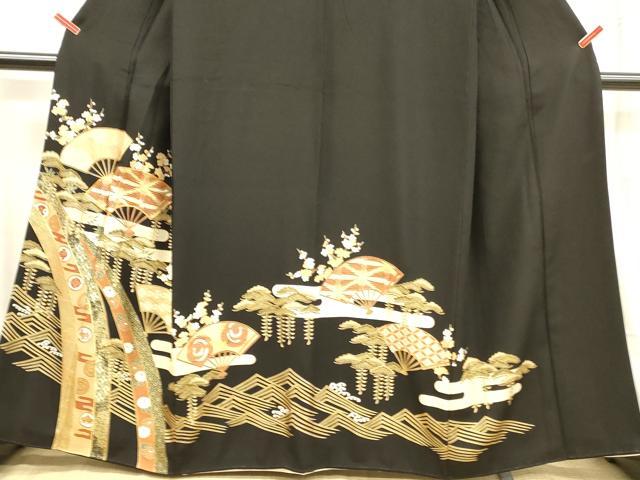 平和屋着物■豪華黒留袖 駒刺繍 舞扇飛鶴梅松文 金彩 正絹 逸品 DABB3872cm