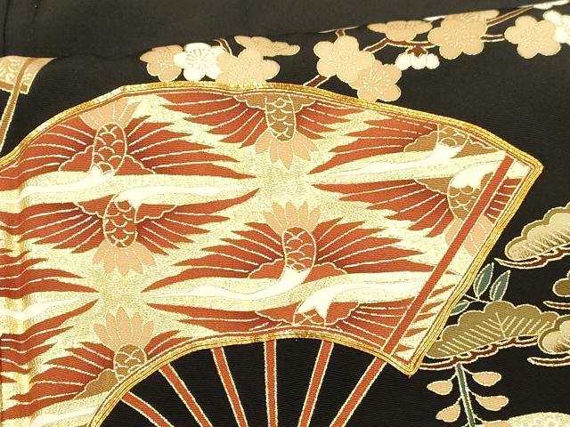 平和屋着物■豪華黒留袖 駒刺繍 舞扇飛鶴梅松文 金彩 正絹 逸品 DABB3872cm