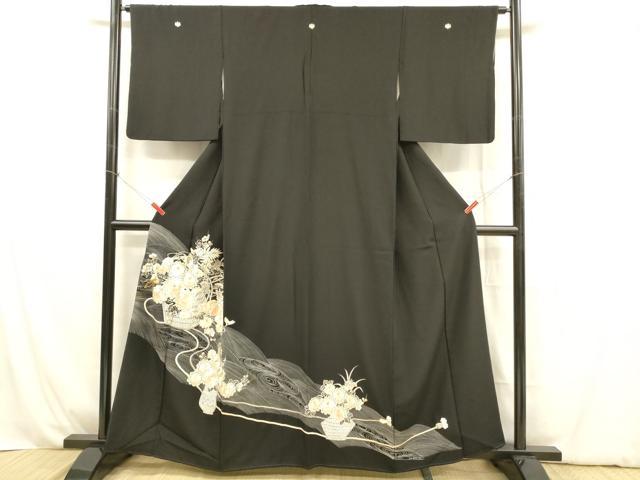平和屋着物■豪華黒留袖 駒刺繍 流水飾花文 銀彩 正絹 逸品 DABB3878cm