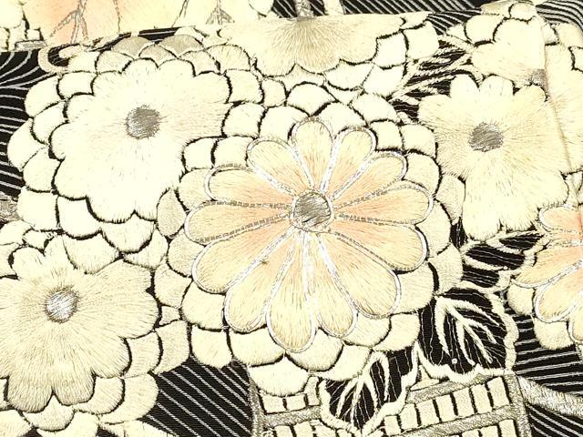平和屋着物■豪華黒留袖 駒刺繍 流水飾花文 銀彩 正絹 逸品 DABB3878cm