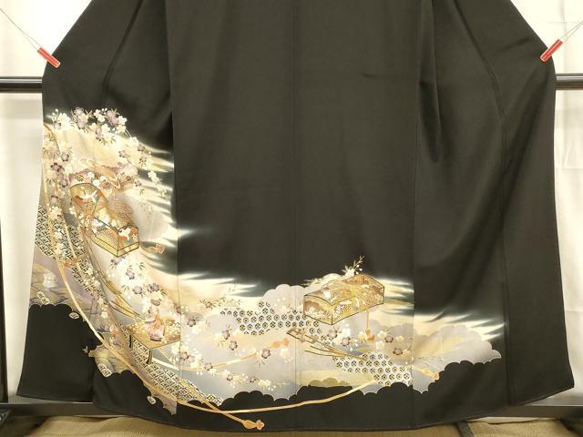 平和屋着物■豪華黒留袖 宝尽くし飛鶴文箱枝花文 暈し染め 金彩 正絹 逸品 DABB3888cm