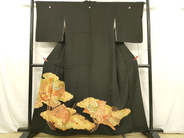 平和屋着物■豪華黒留袖 駒刺繍 扇面花文 金彩 正絹 逸品 DABB3896cm