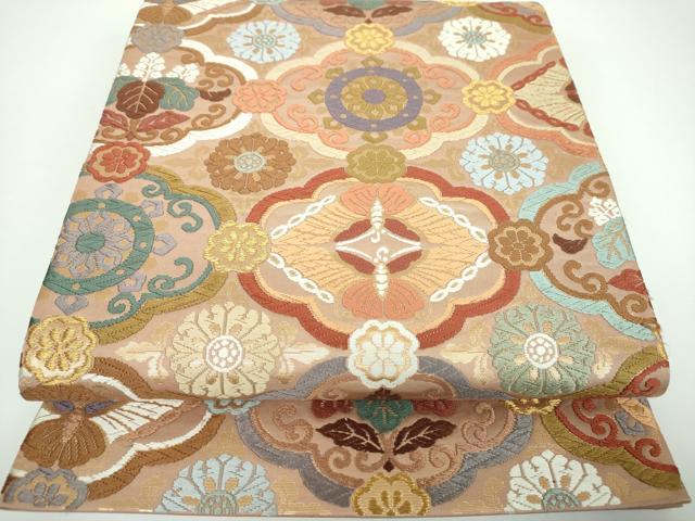 平和屋着物○六通柄袋帯 唐織 菱七宝菊章文 金糸 正絹