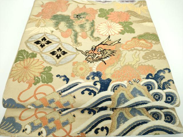 平和屋着物●アンティーク 大正ロマン 太鼓柄 京本袋帯 宝尽くし花文 唐獅子 立波に龍 金銀糸 正絹 逸品 DABB4073ps
