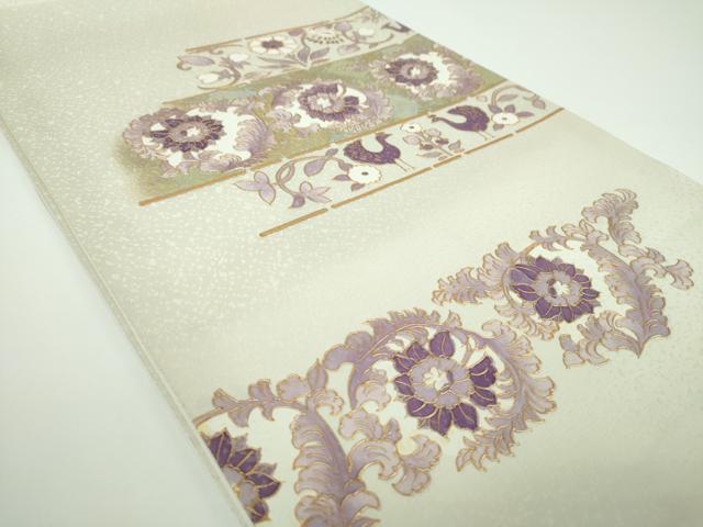 平和屋着物●太鼓柄袋帯 刺繍 貝紫 更紗花鳥文 金銀彩 金通し地 正絹 逸品 DABB4223ps