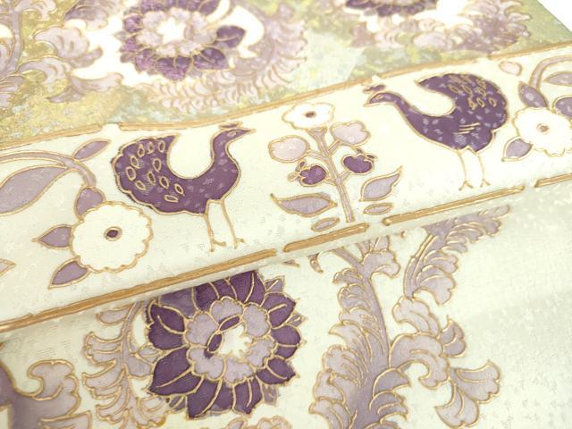平和屋着物●太鼓柄袋帯 刺繍 貝紫 更紗花鳥文 金銀彩 金通し地 正絹 逸品 DABB4223ps