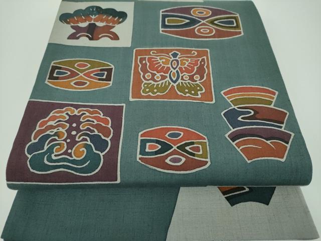 平和屋着物●六通柄袋帯 作家物 紬地 型染 吉祥花蝶文 正絹 逸品 未使用 DABB4227ps
