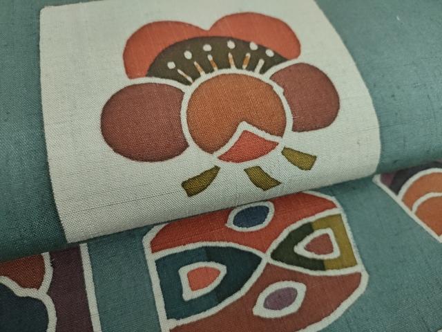 平和屋着物●六通柄袋帯 作家物 紬地 型染 吉祥花蝶文 正絹 逸品 未使用 DABB4227ps