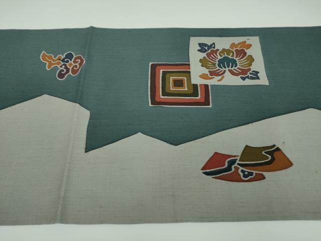 平和屋着物●六通柄袋帯 作家物 紬地 型染 吉祥花蝶文 正絹 逸品 未使用 DABB4227ps