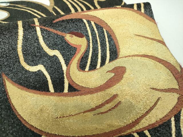 平和屋着物●世界的友禅作家 千地泰弘 六通柄袋帯 千地天女 砂金織 鶴の丸 黒地 金銀糸 正絹 逸品 DABB4251ps
