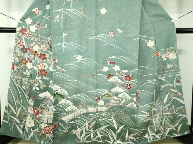 平和屋着物●訪問着 駒刺繍 渡橋飛鶴風景花文 暈し染め 金彩 正絹 逸品 DABB4360ps