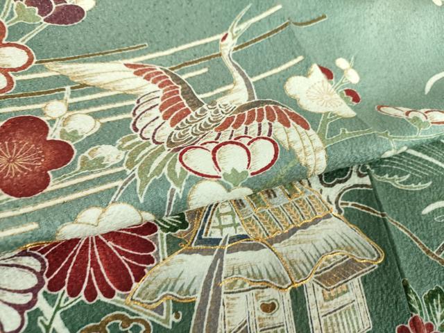 平和屋着物●訪問着 駒刺繍 渡橋飛鶴風景花文 暈し染め 金彩 正絹 逸品 DABB4360ps