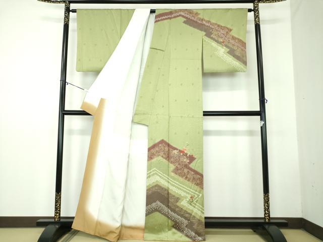 平和屋着物▼訪問着 絞り 刺繍 松皮菱花文 金彩 正絹 逸品 DABB4409ps